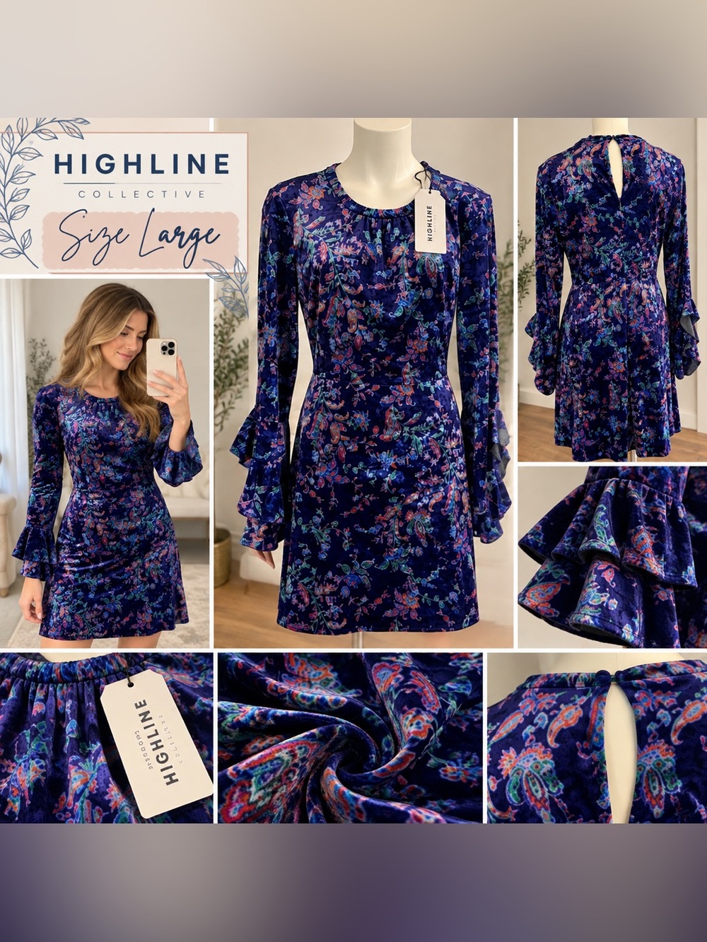 NEW Highline Collective Blue Vintage Paisley Velvet Dress Size Large